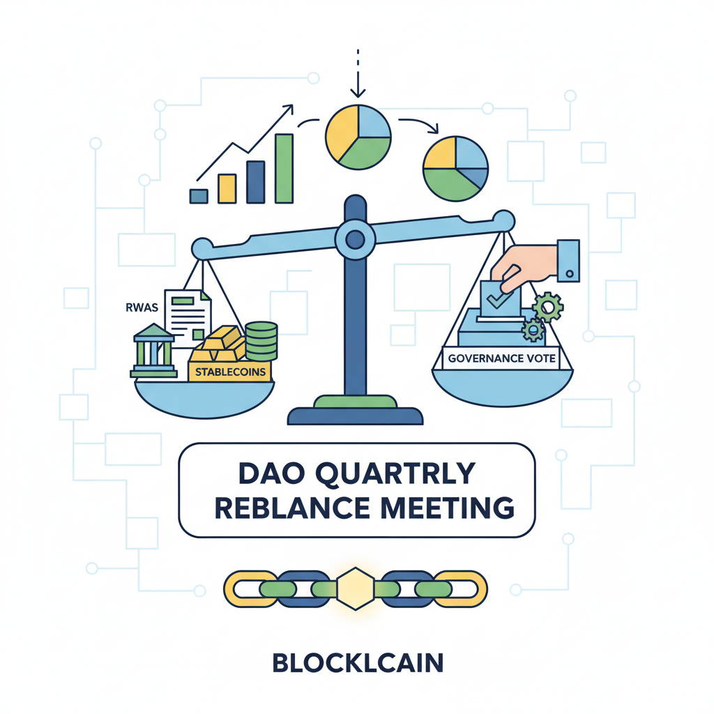 DAO quarterly rebalance meeting charts RWAs stablecoins governance vote balanced scales blockchain