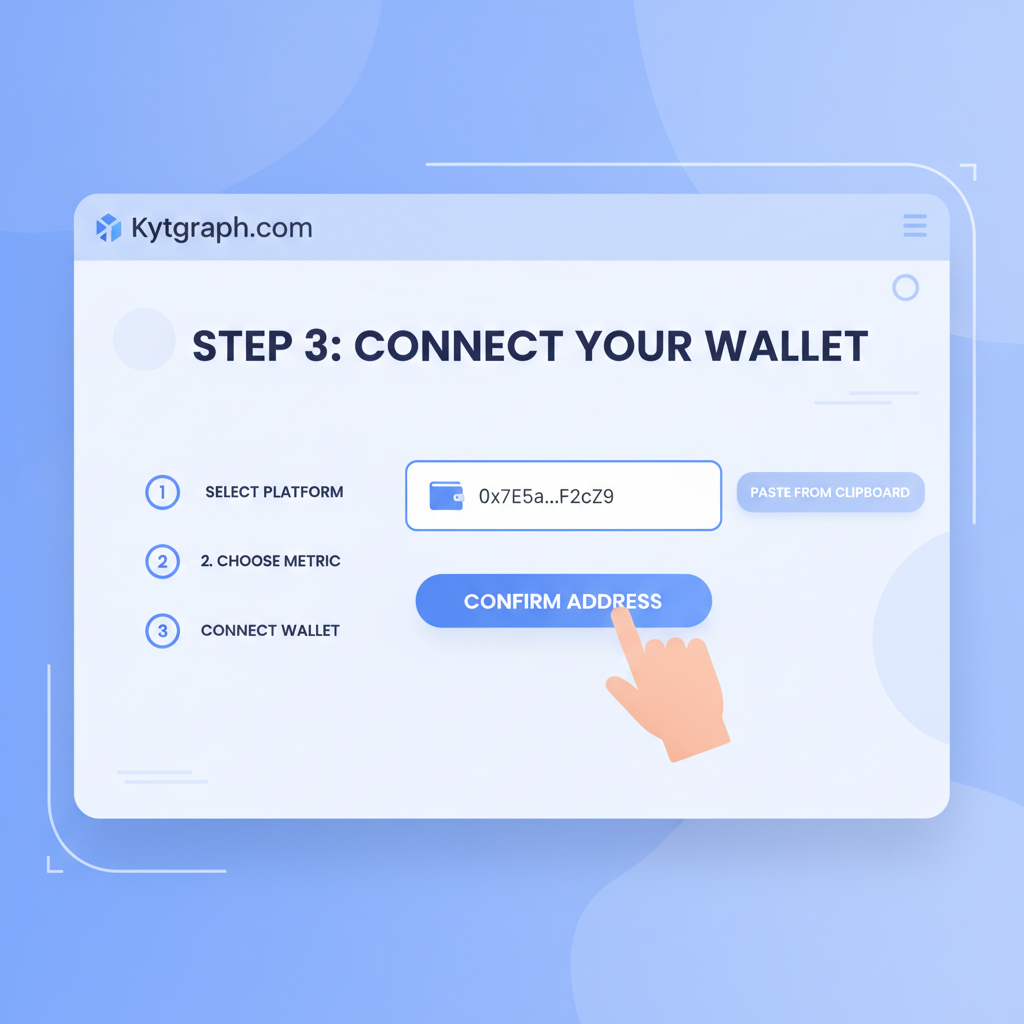 User entering crypto wallet address on Kytgraph.com dashboard, clean UI, blue tones