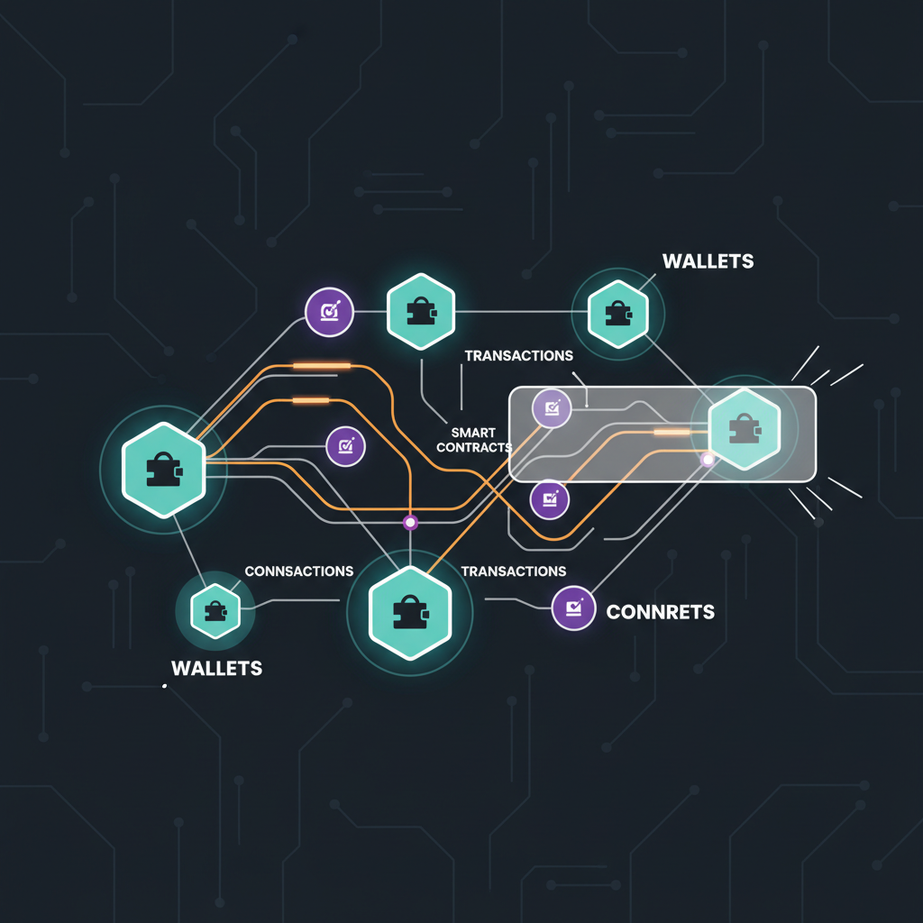 Blockchain graph scan visualizing wallet connections, nodes and edges glowing, tech style