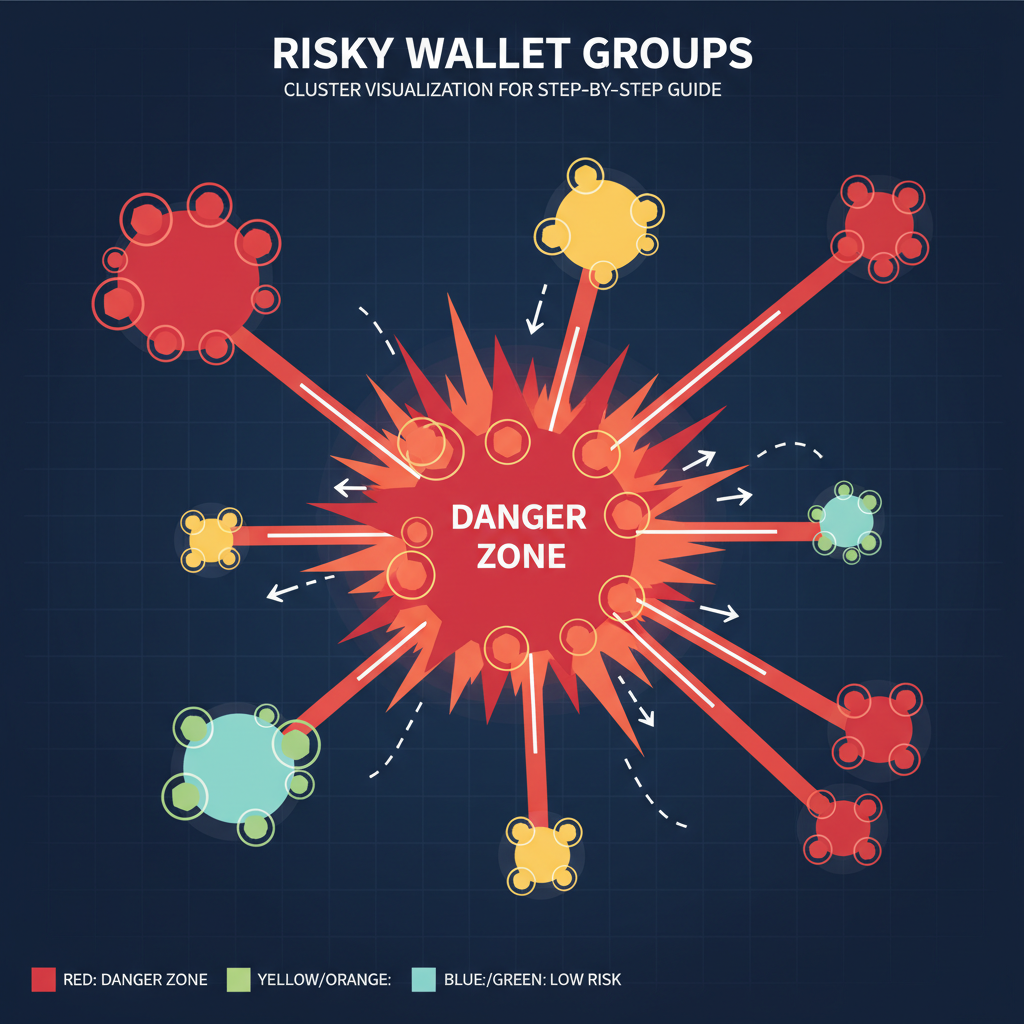 Cluster visualization of risky wallet groups, red danger zones, graph network