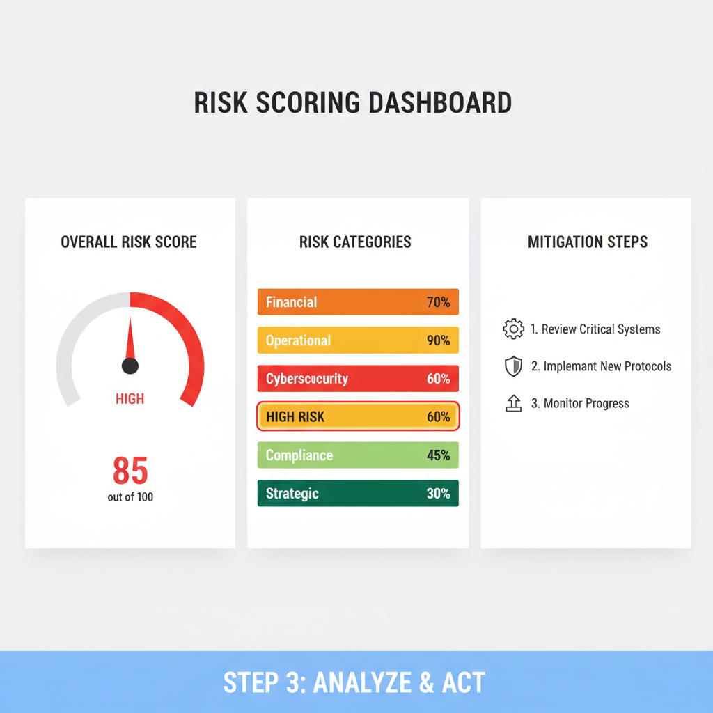 Risk scoring dashboard with color-coded bars, high risk highlighted, modern interface