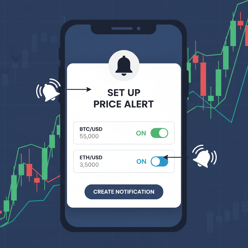 Setting up alert notifications on trading app, bell icons, crypto charts background