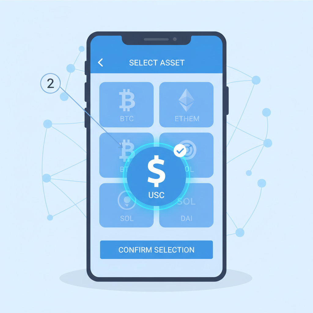 secure digital wallet interface selecting USDC stablecoin, modern UI, blue tones