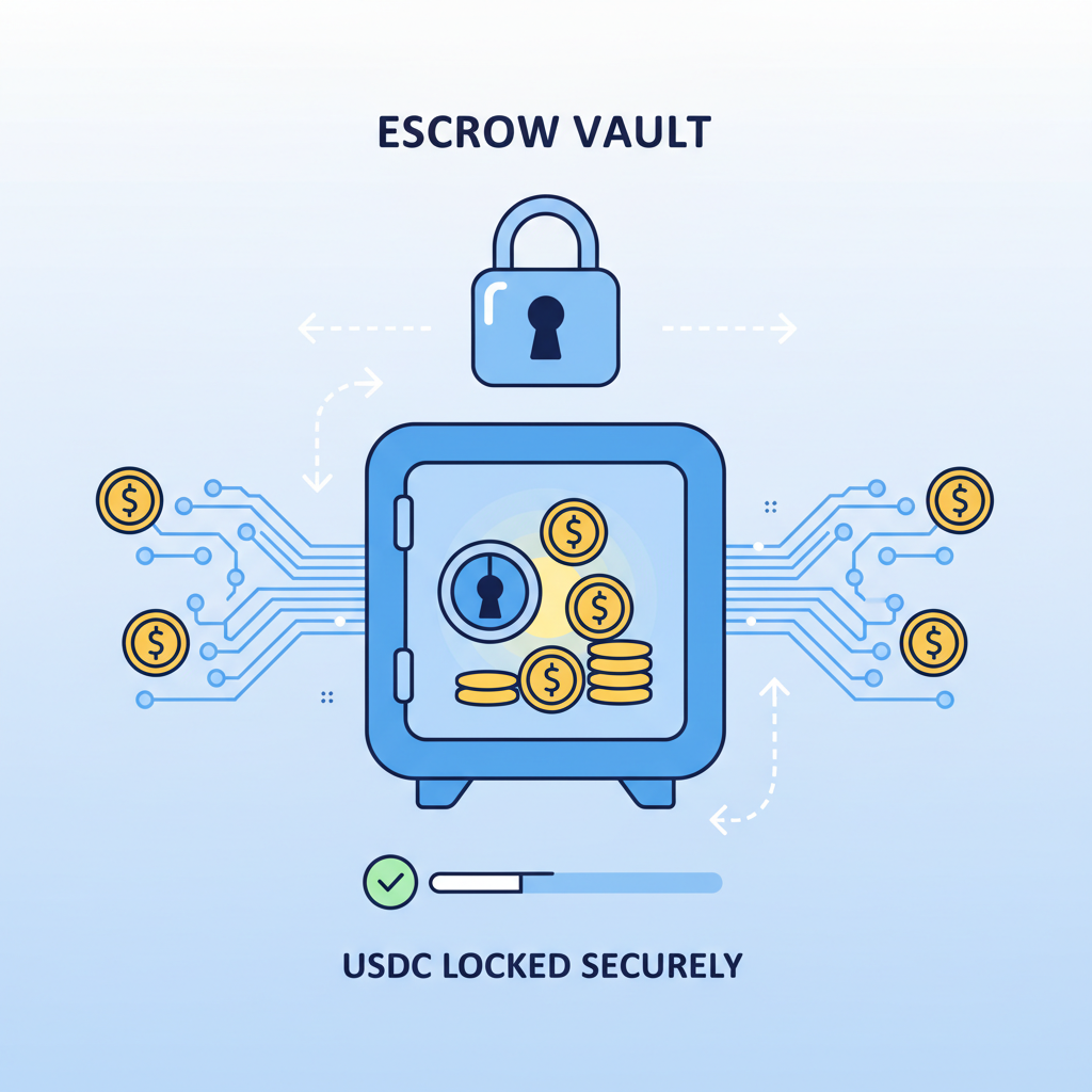 USDC tokens locking into escrow vault, glowing safe, blockchain network