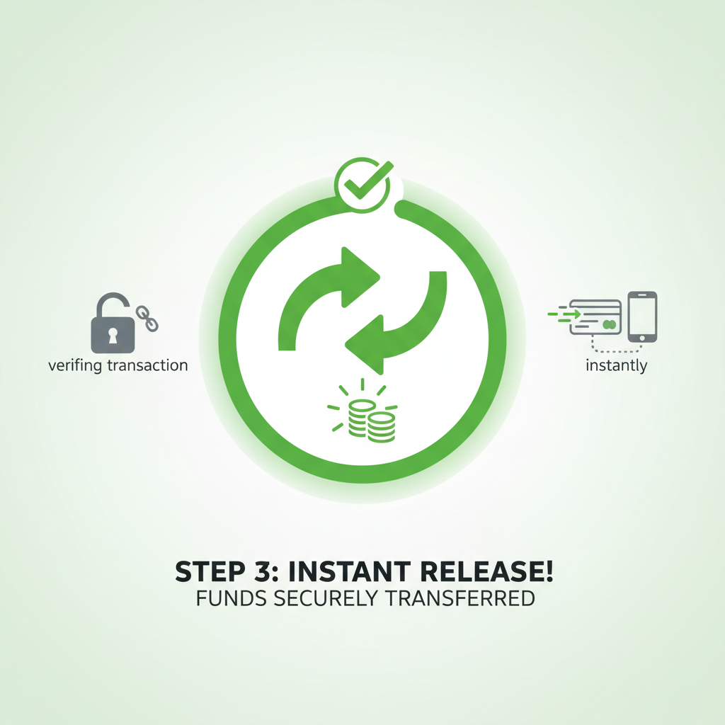 verifying transaction and releasing funds instantly, success animation, green arrows