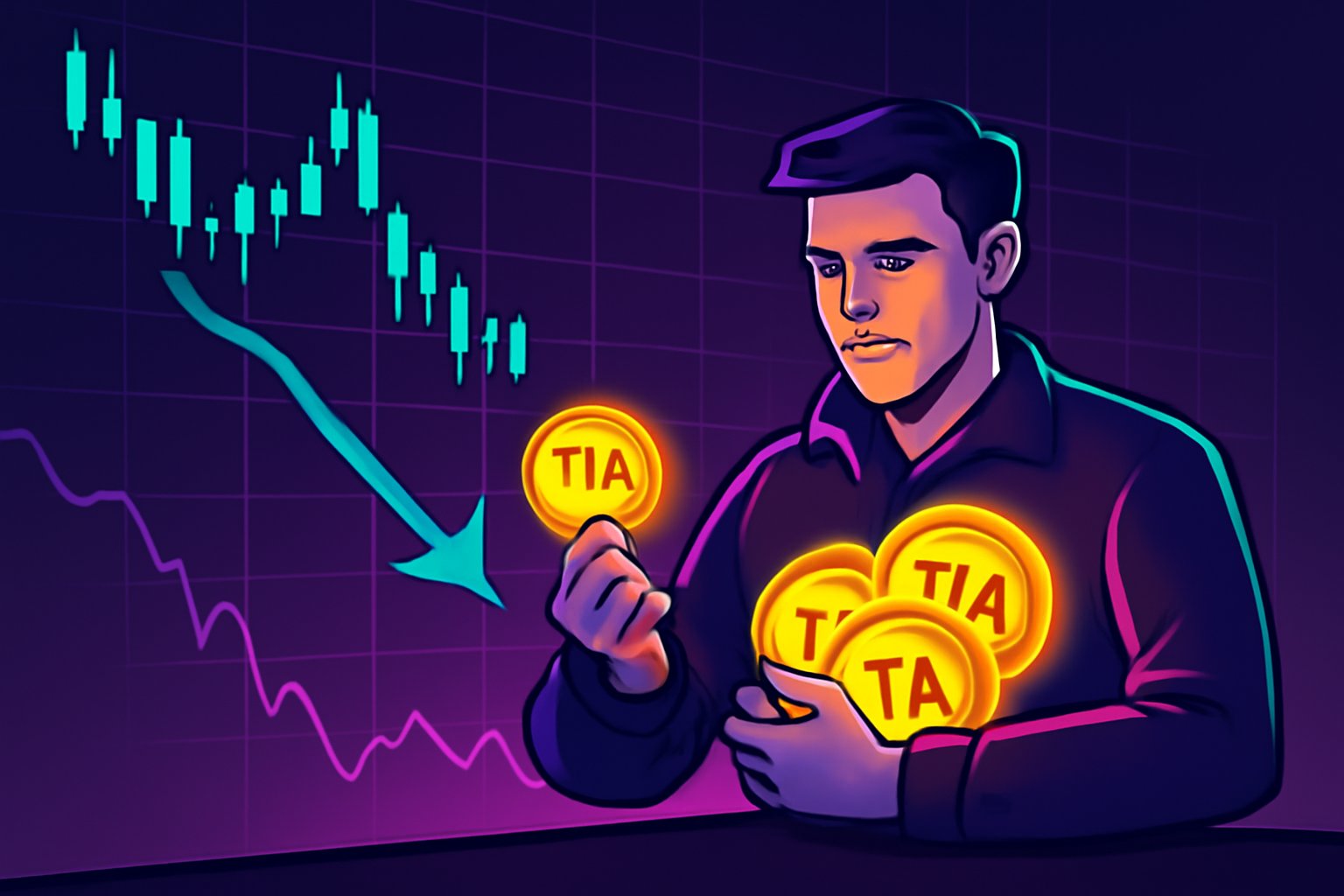 bullish trader accumulating glowing TIA coins at dip price chart, cyberpunk style