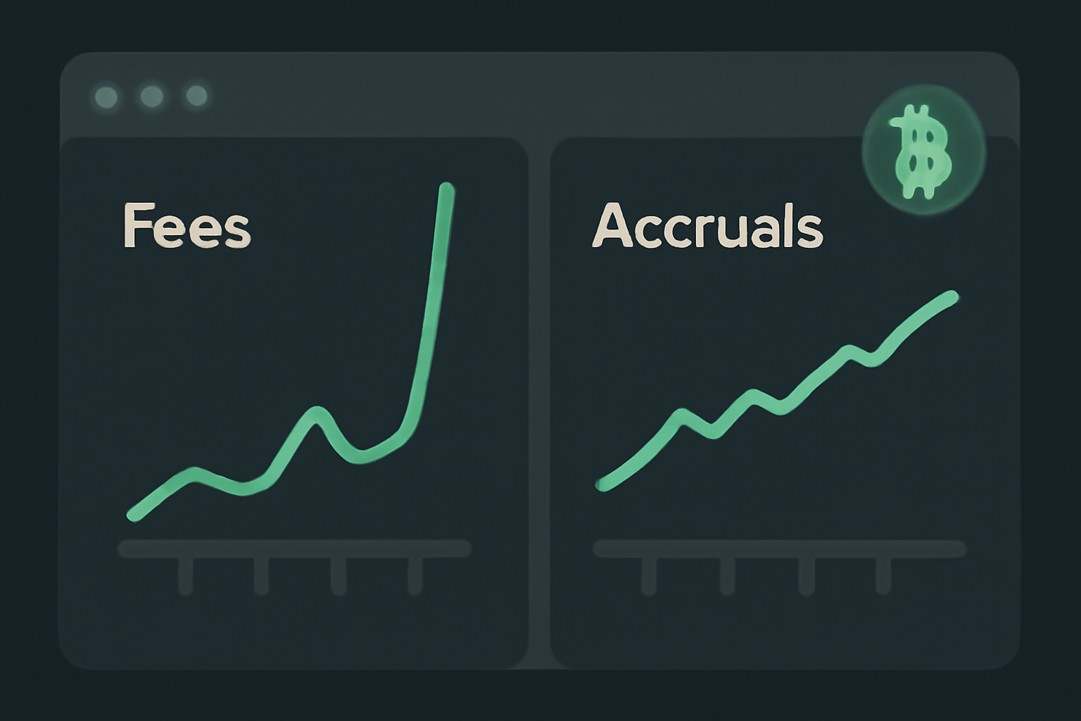 charts showing spiking green fee lines and accrual metrics on dark crypto interface