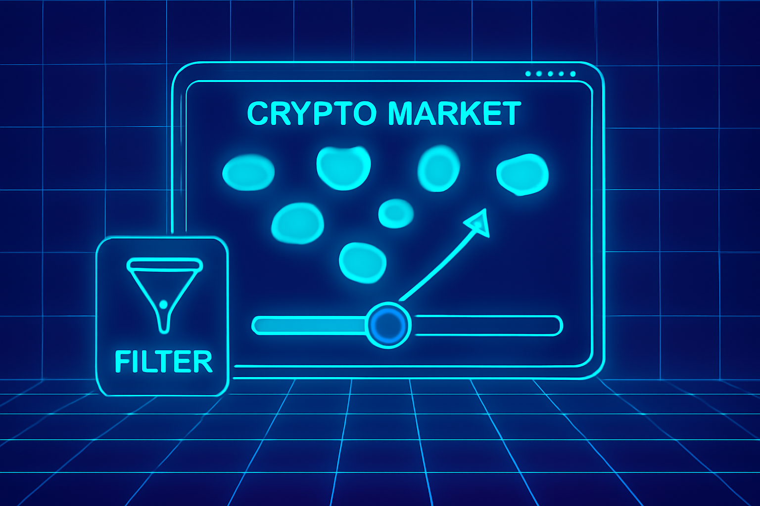 futuristic dashboard filtering glowing blue data blobs on crypto market screen, neon grid