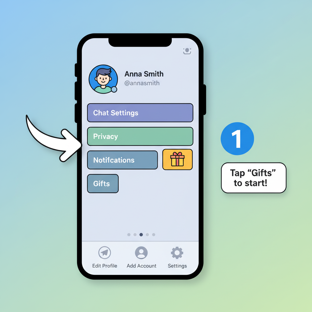 Telegram mobile app profile screen with Gifts tab highlighted, clean UI, vibrant colors