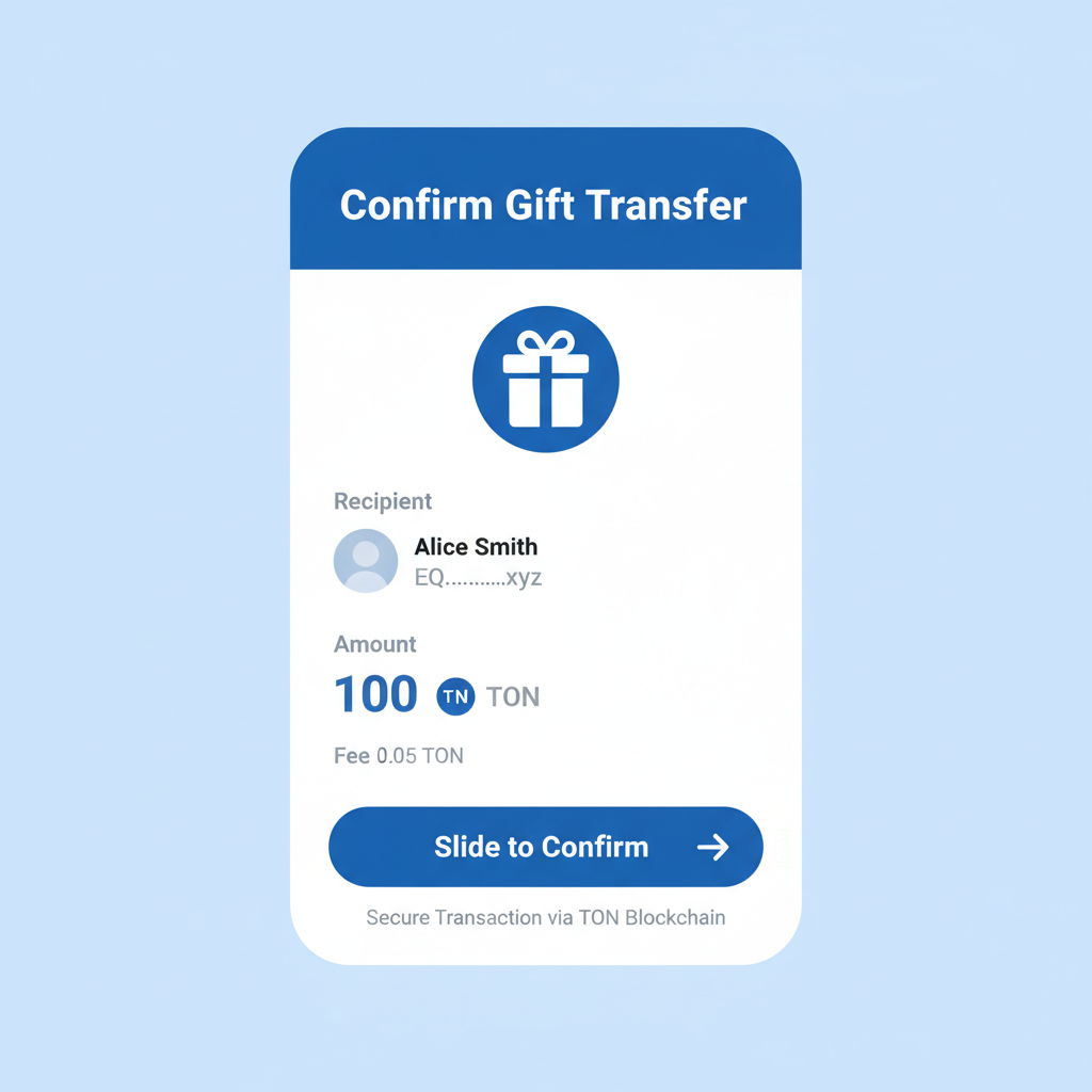 TON Space wallet app confirmation screen for gift transfer, mobile interface, secure transaction details