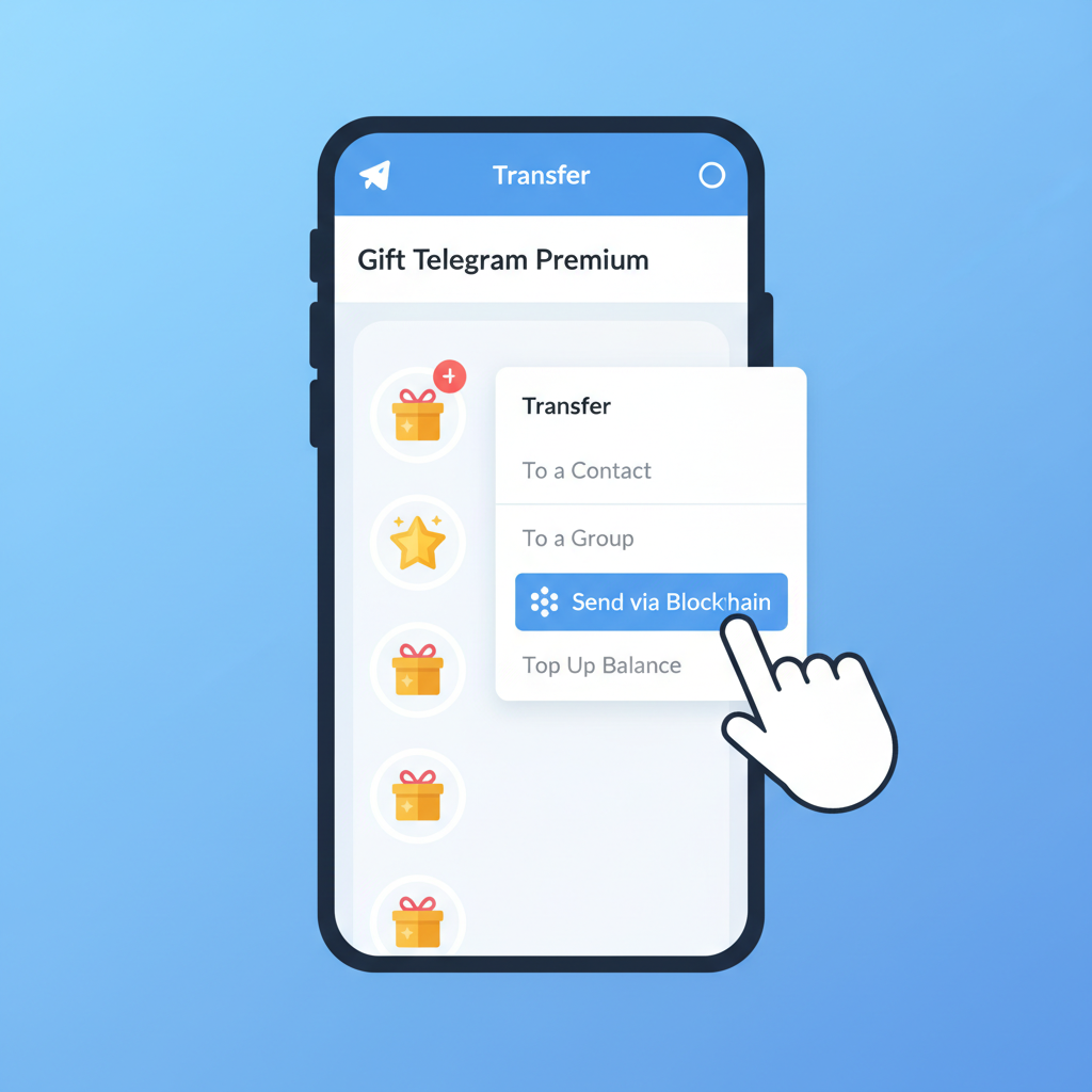 Telegram gifts list on mobile, finger tapping gift, transfer menu open showing Send via Blockchain option