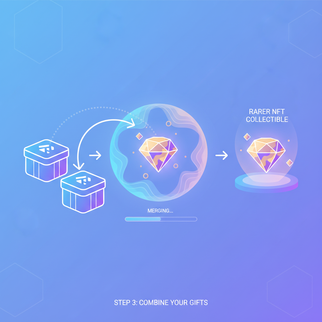 TON blockchain interface merging two similar gifts into rarer NFT, glowing animation, digital collectibles