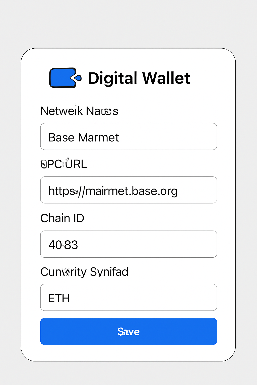 A digital wallet interface showing network settings being filled in for Base Mainnet.