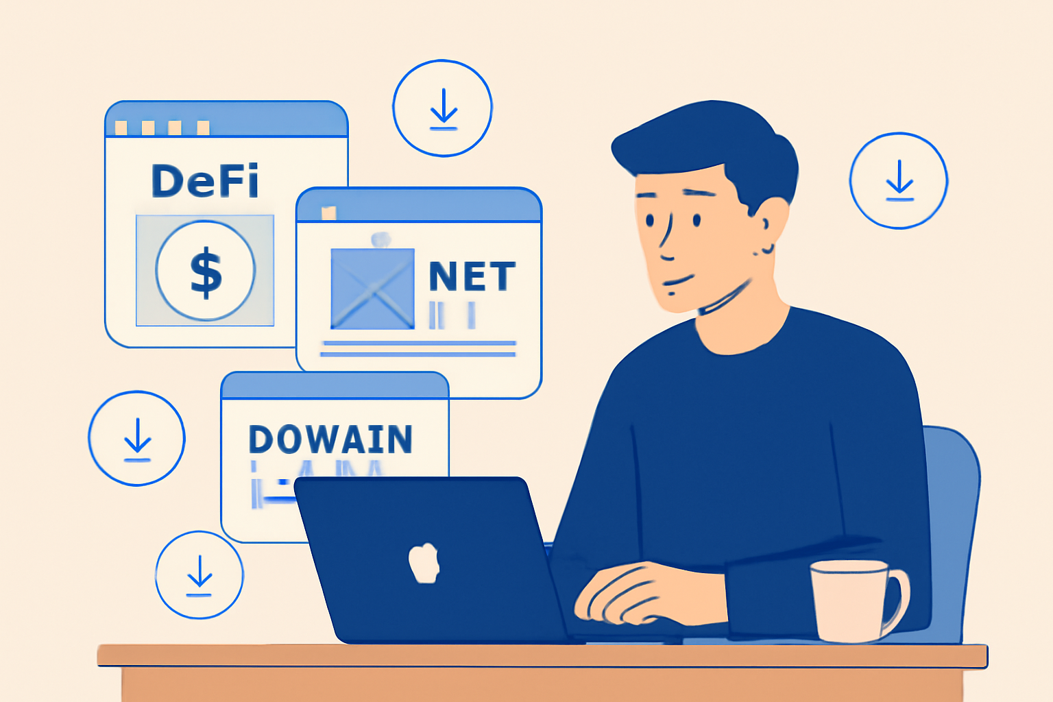 A user exploring DeFi apps, NFT platforms, and domain registration on the Base network, with airdrop icons floating around.