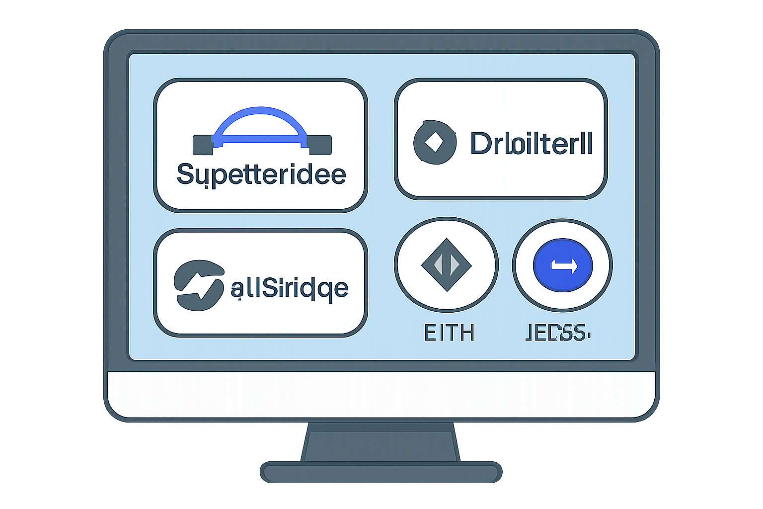 A computer screen displaying various bridge platform logos (Superbridge, Orbiter, deBridge) with ETH and Base icons.