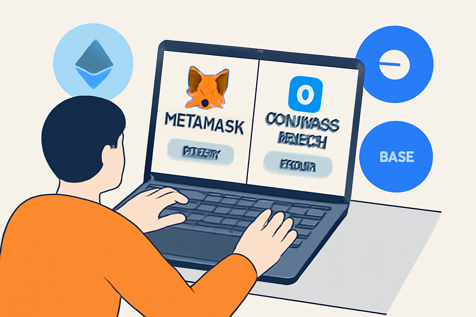 A person installing MetaMask and Coinbase Wallet on their laptop, with Ethereum and Base logos visible.