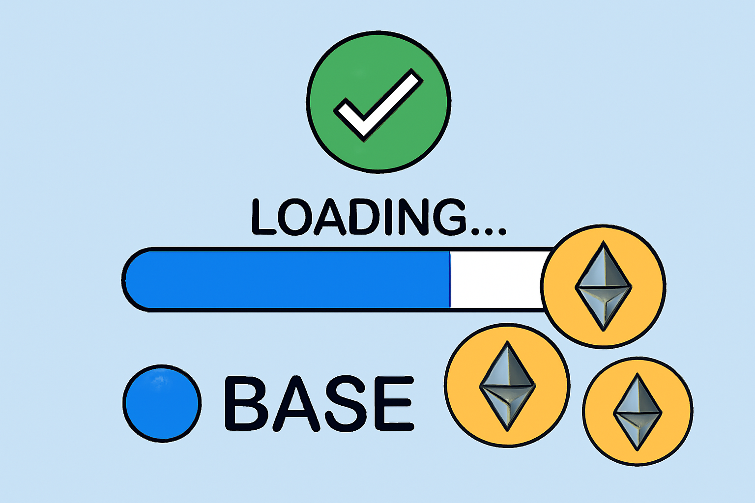 A loading bar completing, with a checkmark and ETH tokens appearing on the Base network.