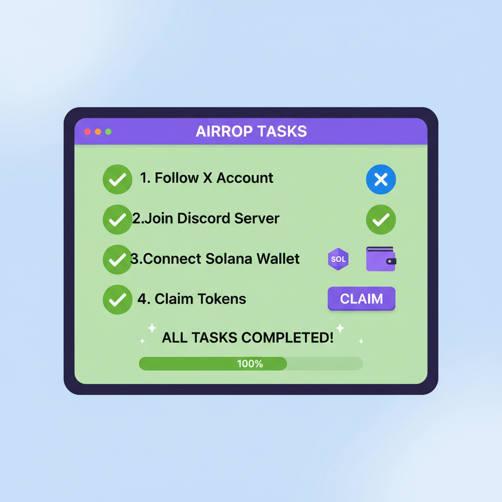 checklist of airdrop tasks completed, follow X button, Solana web3 interface, green checkmarks