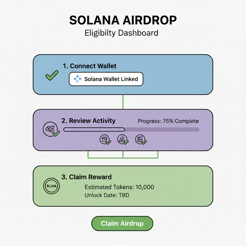 airdrop eligibility dashboard, progress bar, Solana wallet linked, token reward preview