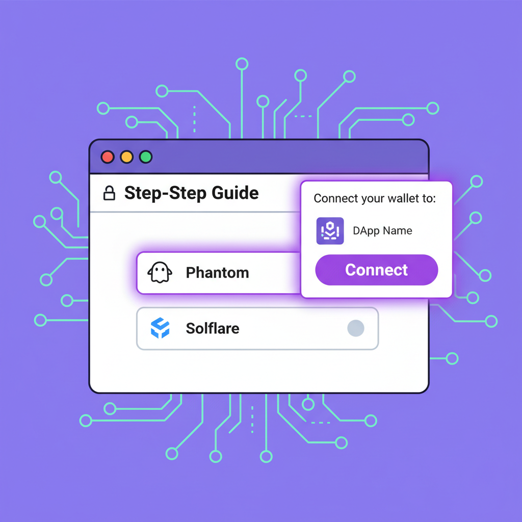 Solana wallet connection interface, Phantom wallet popup, connect button highlighted, blockchain theme
