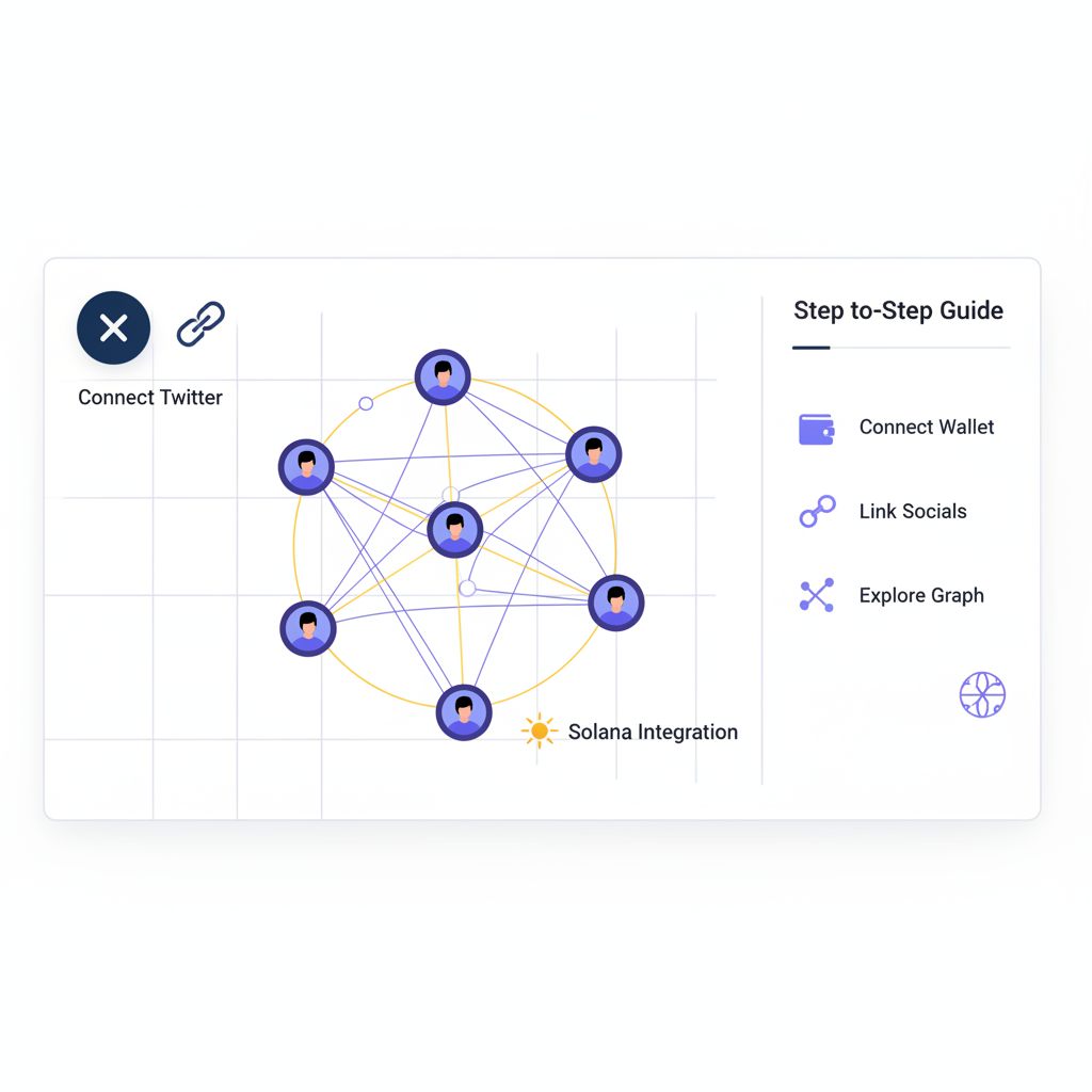 X Twitter link button on web3 dashboard, social graph connection visualization, Solana integration