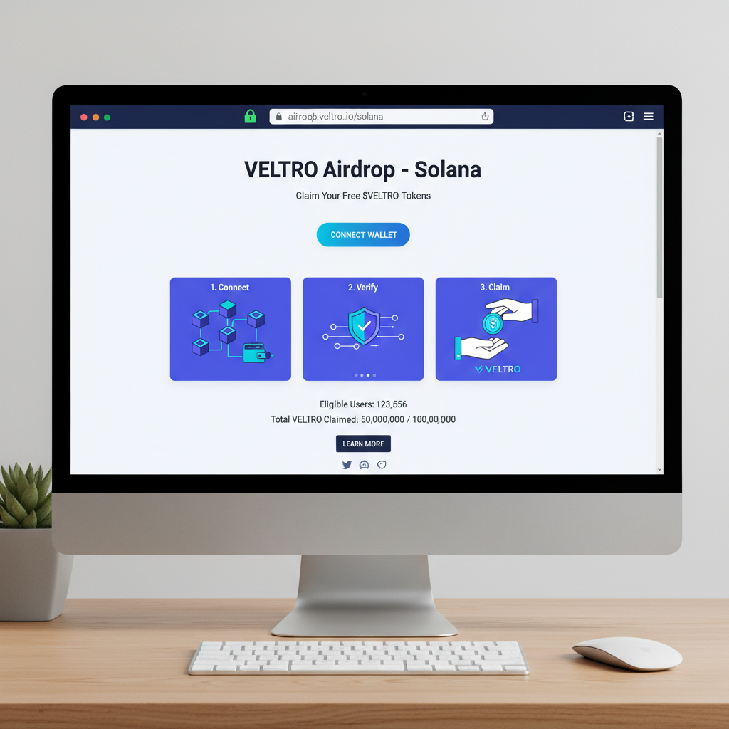clean browser window showing official VELTRO airdrop page on Solana, secure padlock icon, professional web3 design