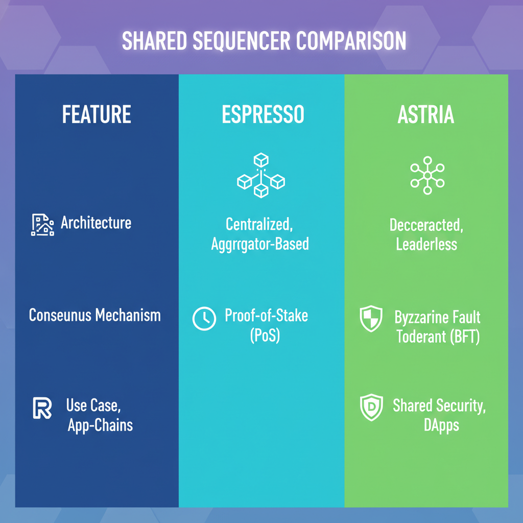 comparison chart of Espresso and Astria shared sequencers, futuristic tech style