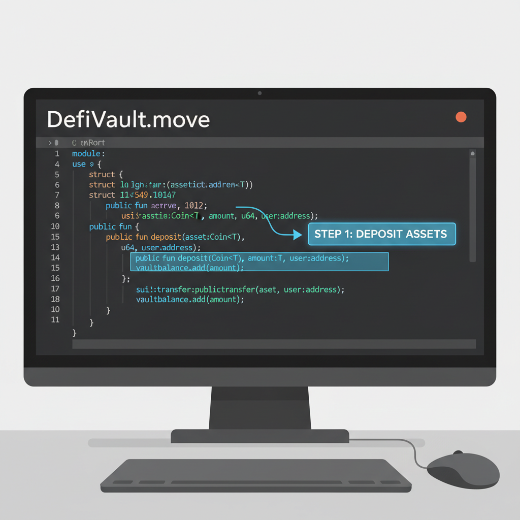 Sui Move code editor with DeFi vault smart contract, elegant syntax highlighting, dark theme