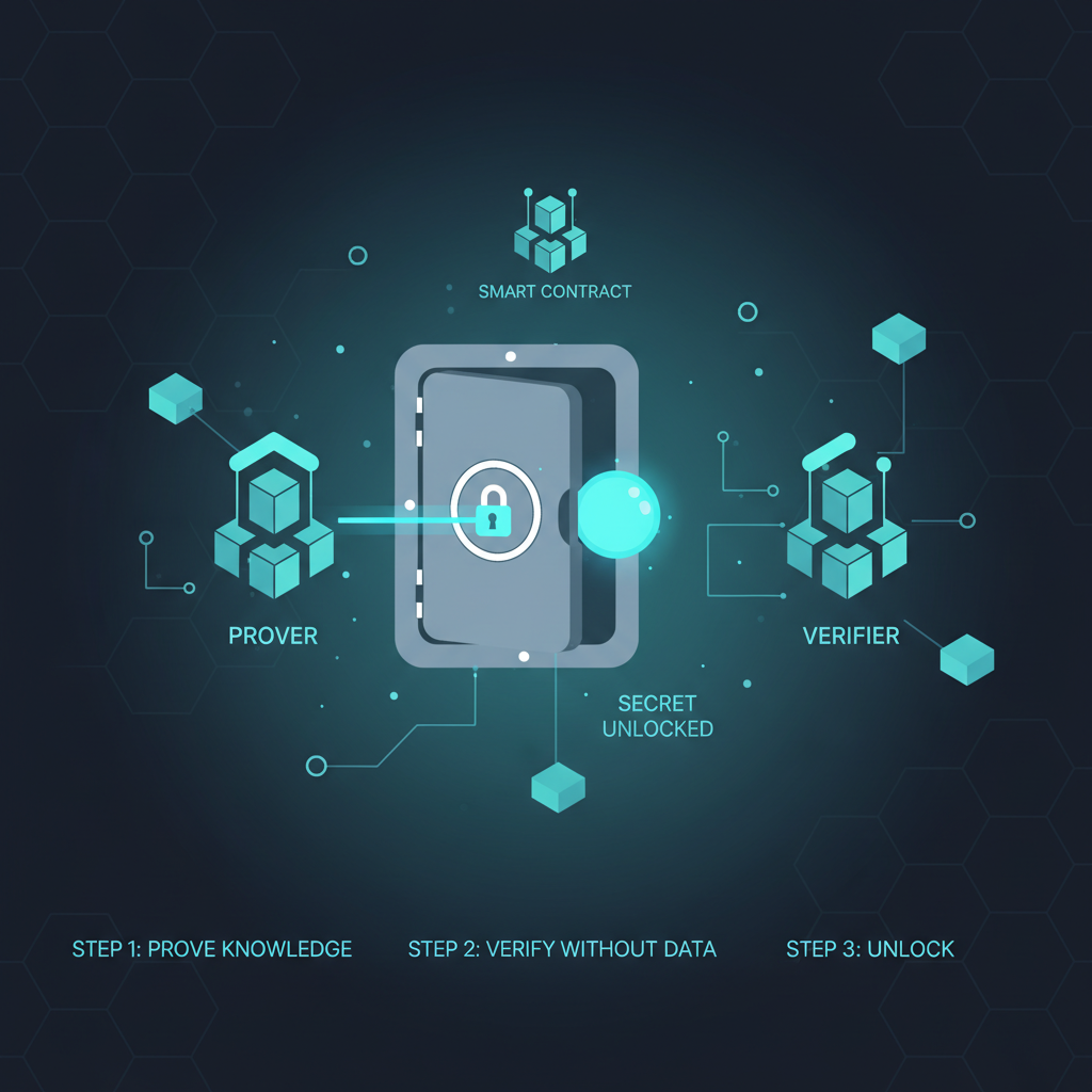 Zero-knowledge proof visualization unlocking a vault door, ethereal blue glow, blockchain nodes