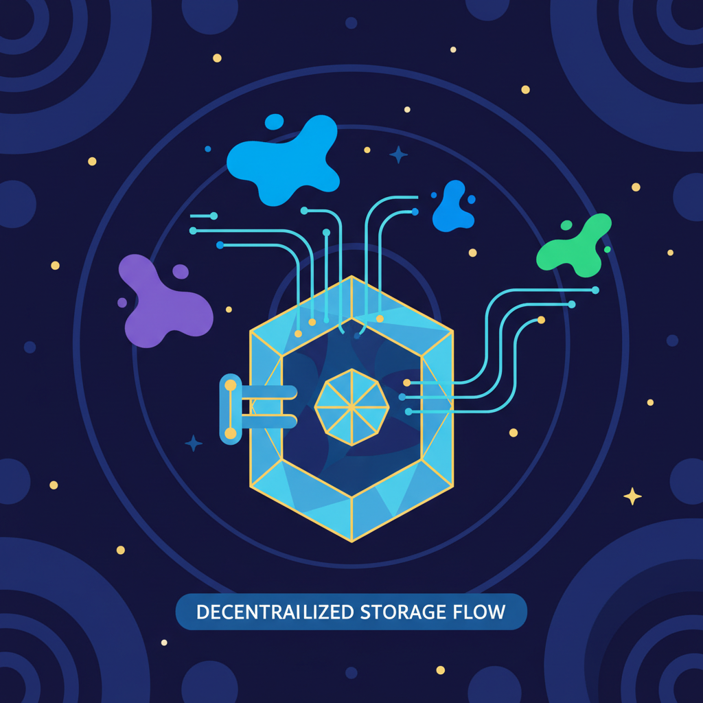 Decentralized storage blobs flowing into a digital vault, abstract data streams, cosmic background