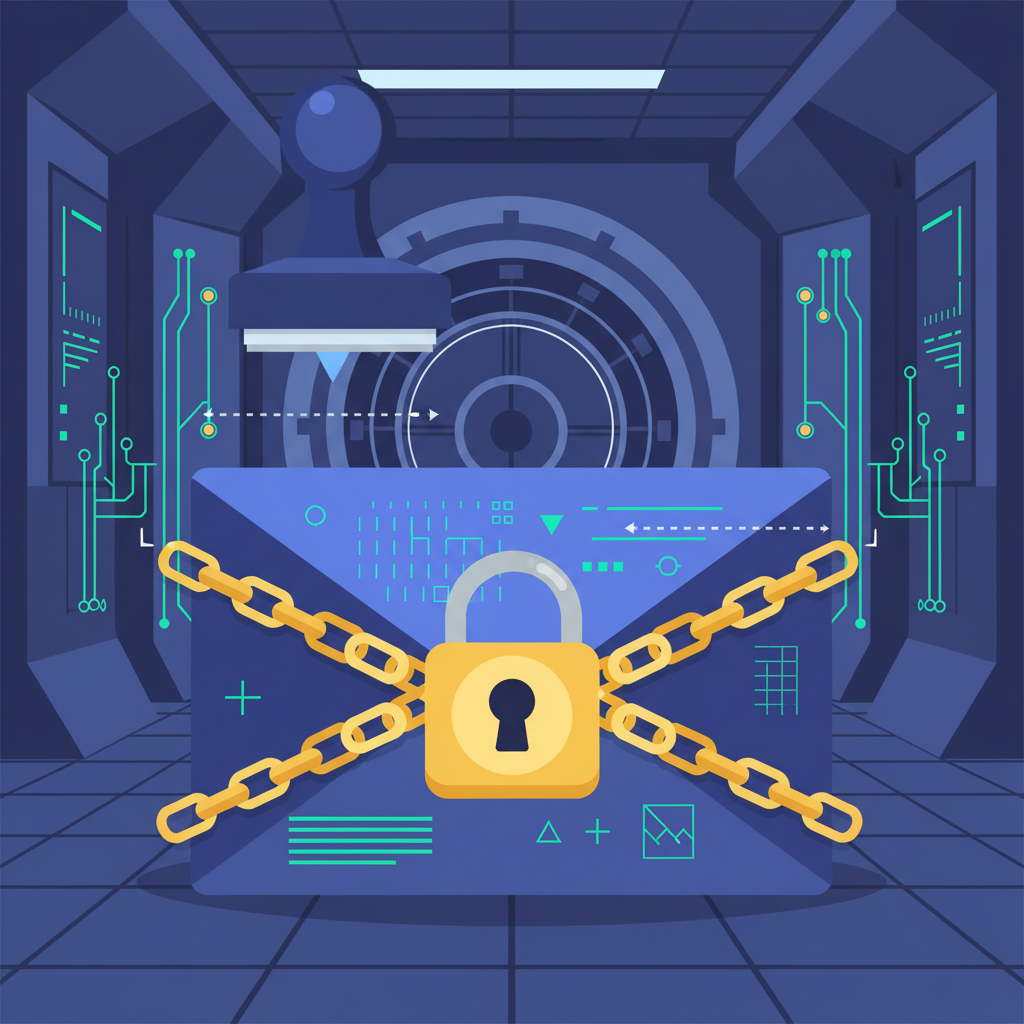 Seal stamp on encrypted data envelope, golden lock and chain links, secure vault interior