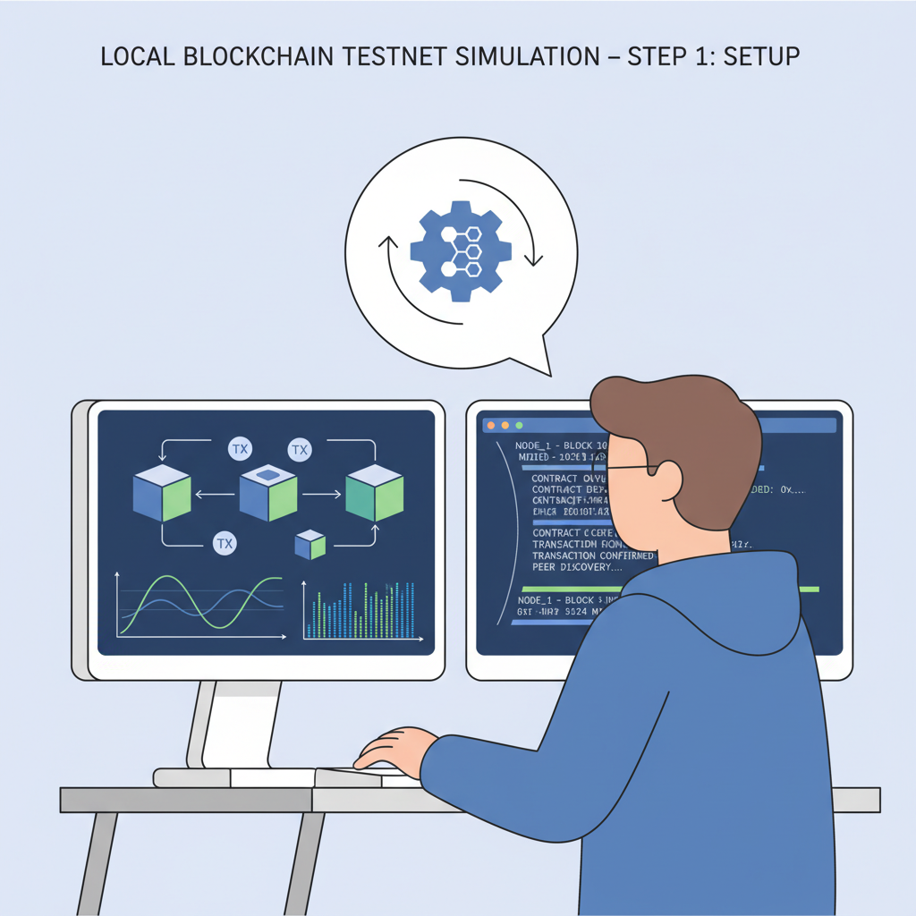 Local blockchain testnet simulation, graphs and logs on dual monitors, focused developer