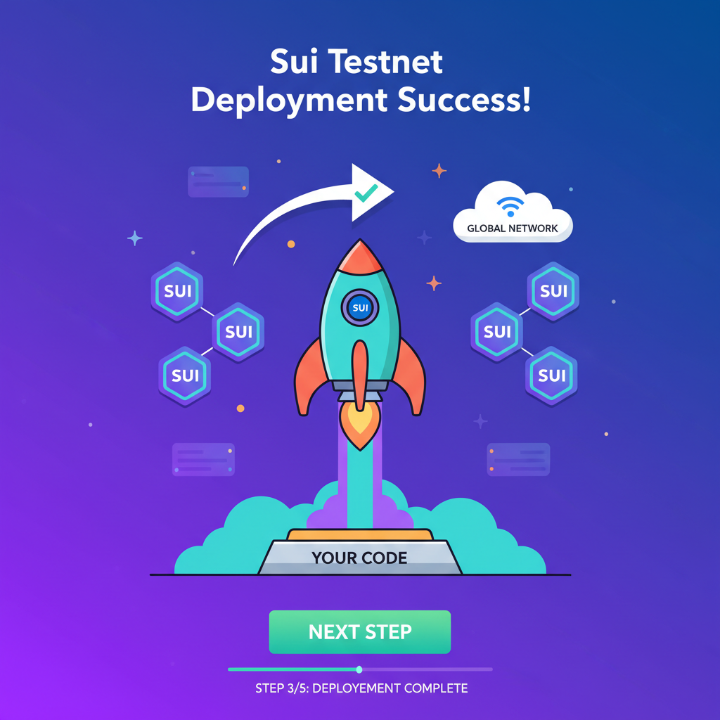 Sui testnet deployment success screen, rocket launching to blockchain network, vibrant colors