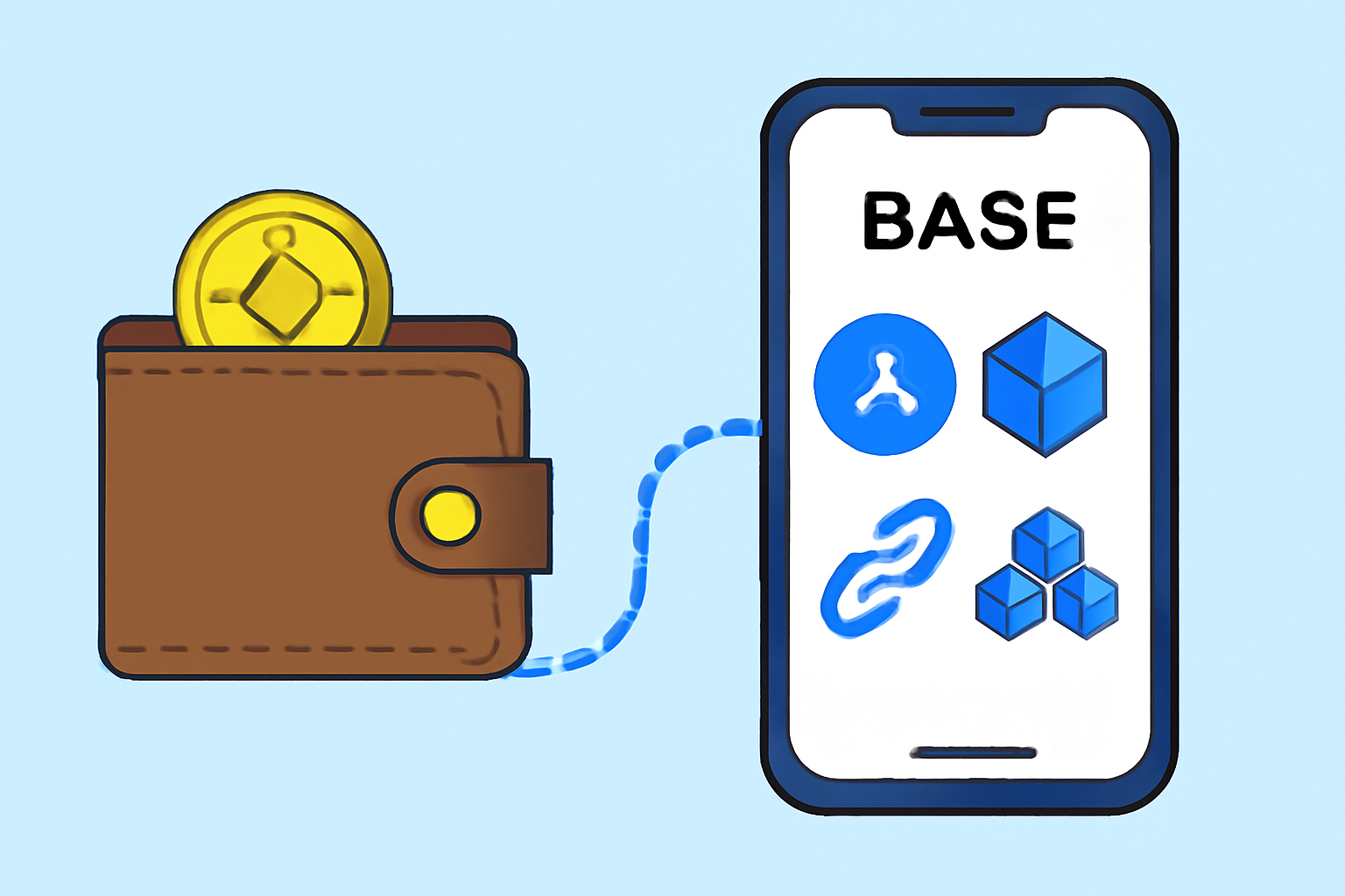 wallet connecting to Baseapp mobile screen blockchain icons