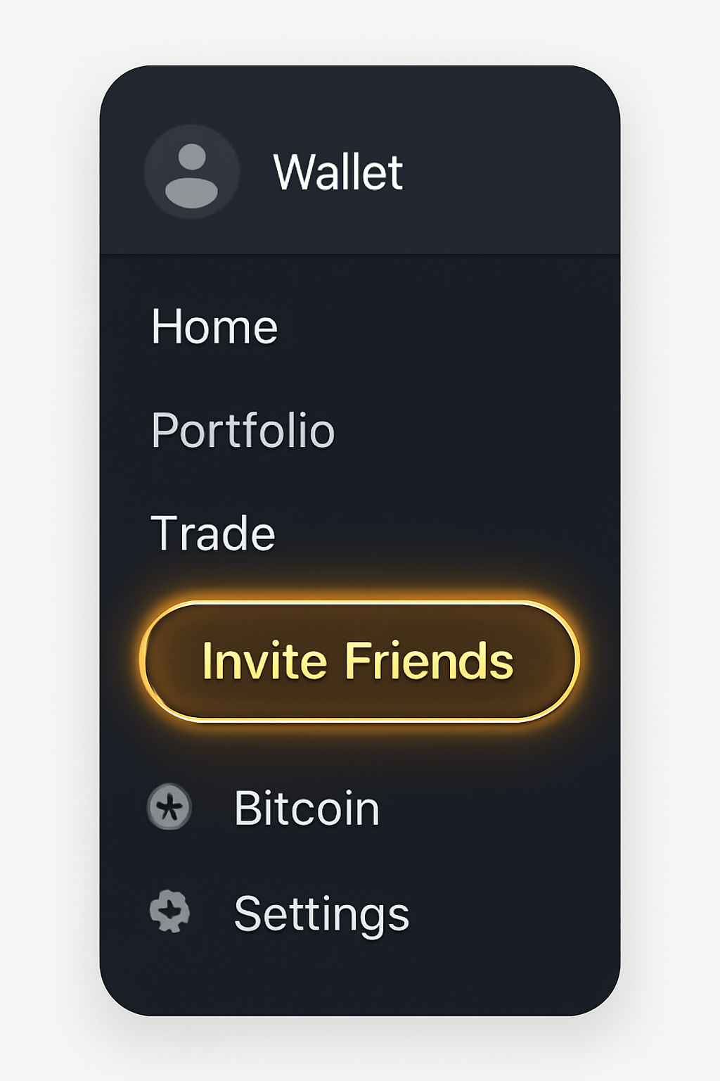 mobile app sidebar with glowing invite friends button crypto theme