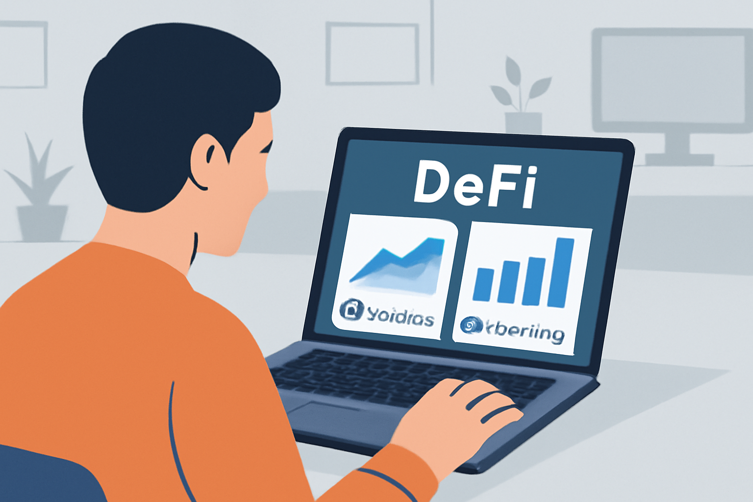 A person analyzing DeFi platforms on a laptop, with charts and DeFiLlama/DappRadar logos visible, in a modern digital workspace.