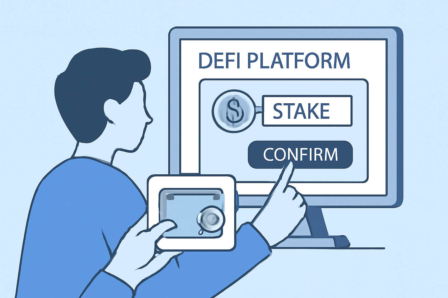 A user connecting their crypto wallet to a DeFi platform, with a staking interface and confirmation button highlighted.