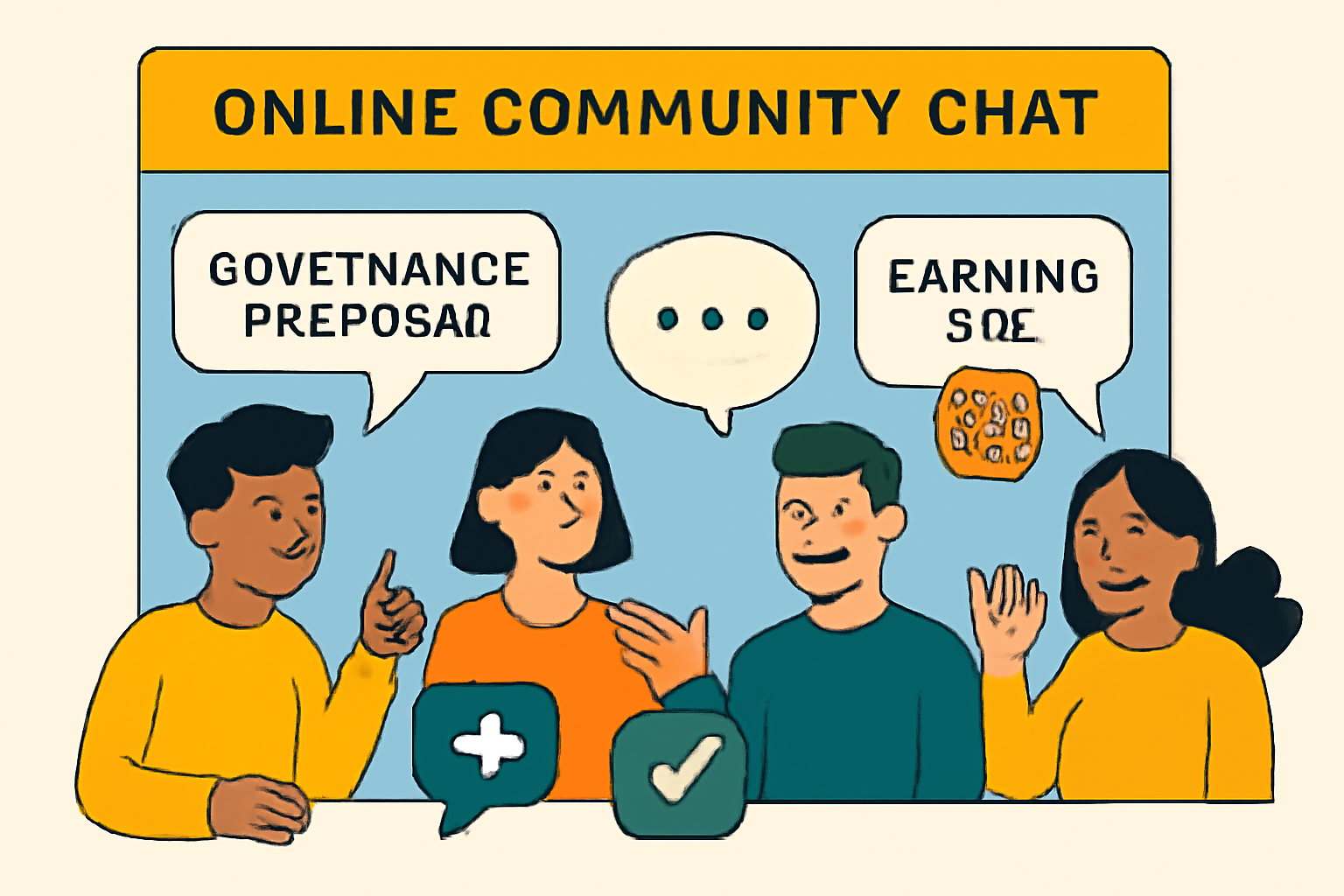 A vibrant online community chat, with users discussing governance proposals and earning XP badges.