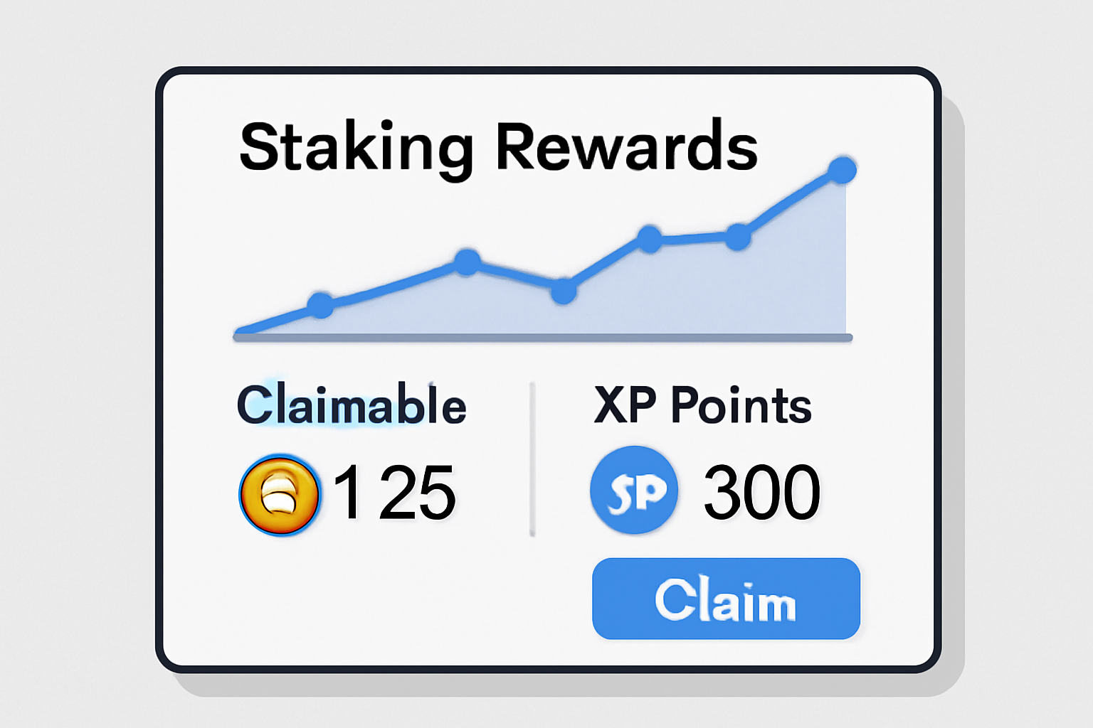 A dashboard showing staking rewards accumulating, with claimable tokens and XP points, and a 'Claim' button.