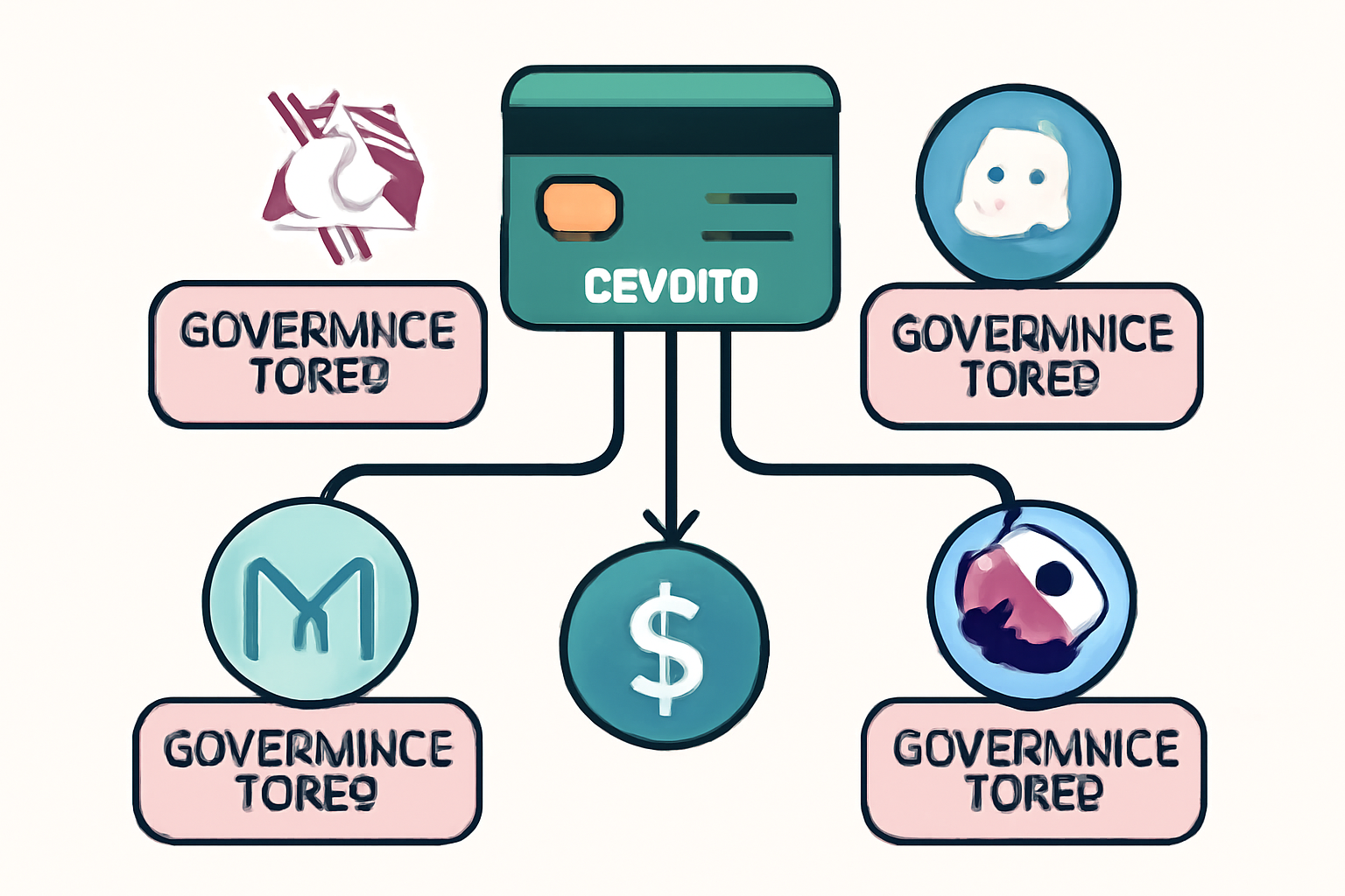 A flowchart showing a crypto card connected to various DeFi protocol logos, with governance tokens highlighted.