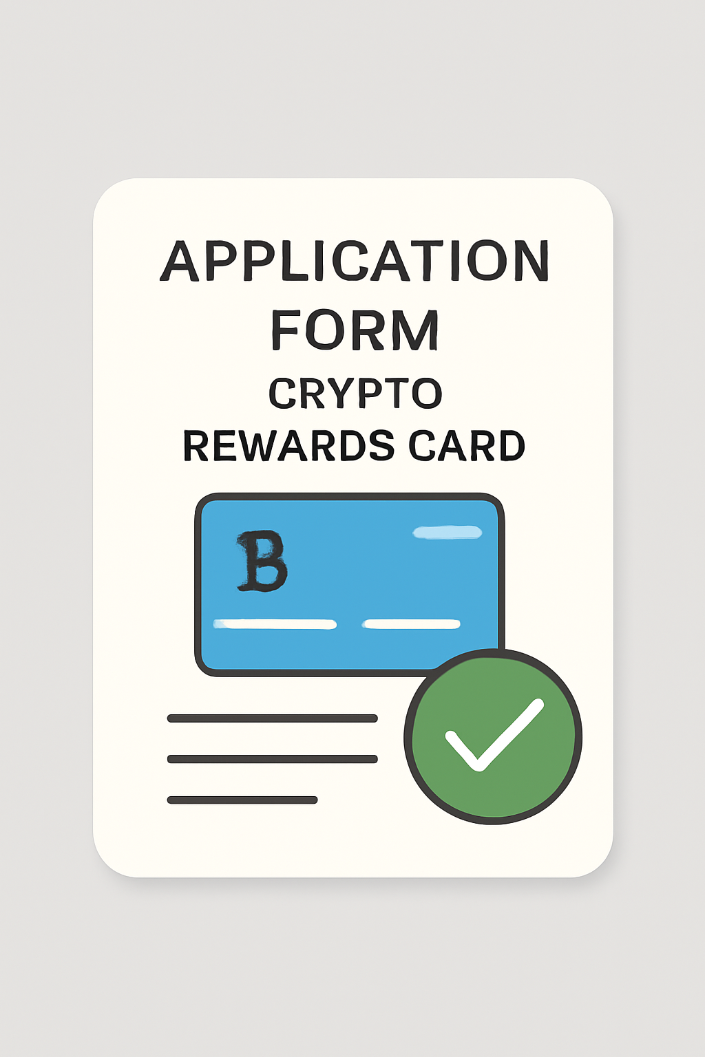 A digital application form for a crypto rewards card, with a checkmark indicating approval.