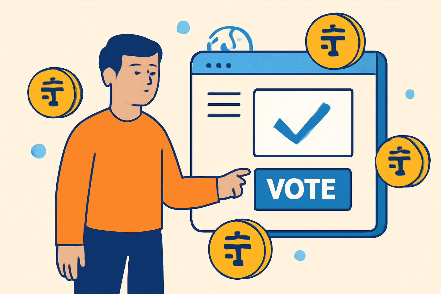 A user casting a digital vote on a blockchain interface, surrounded by governance token icons.