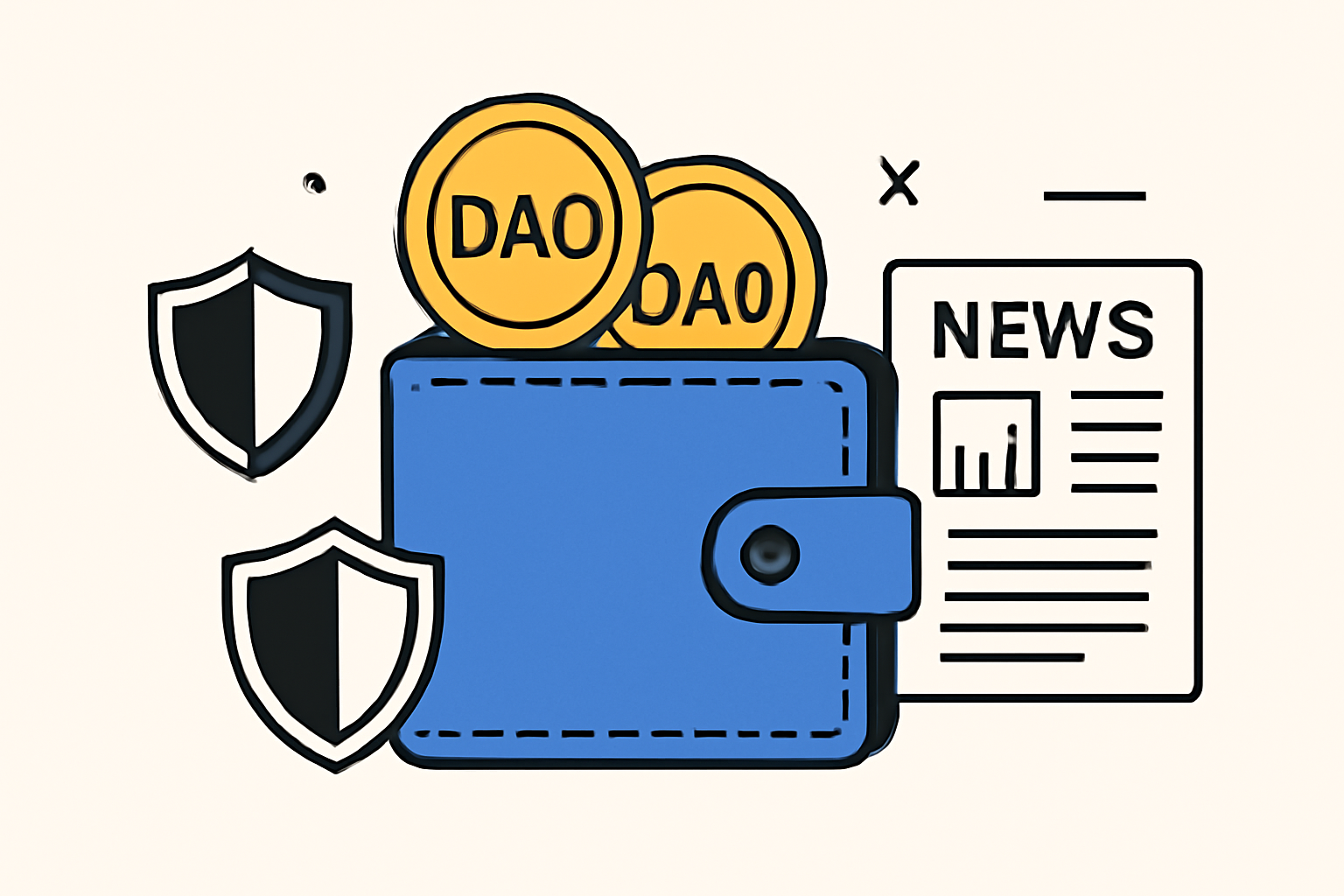 A secure crypto wallet with governance tokens, shield icons, and a news feed about regulations and market updates.