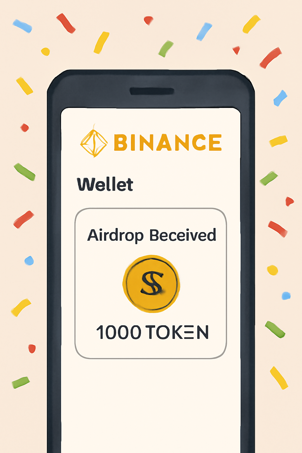 A Binance wallet screen showing newly received airdrop tokens with a celebratory confetti effect.