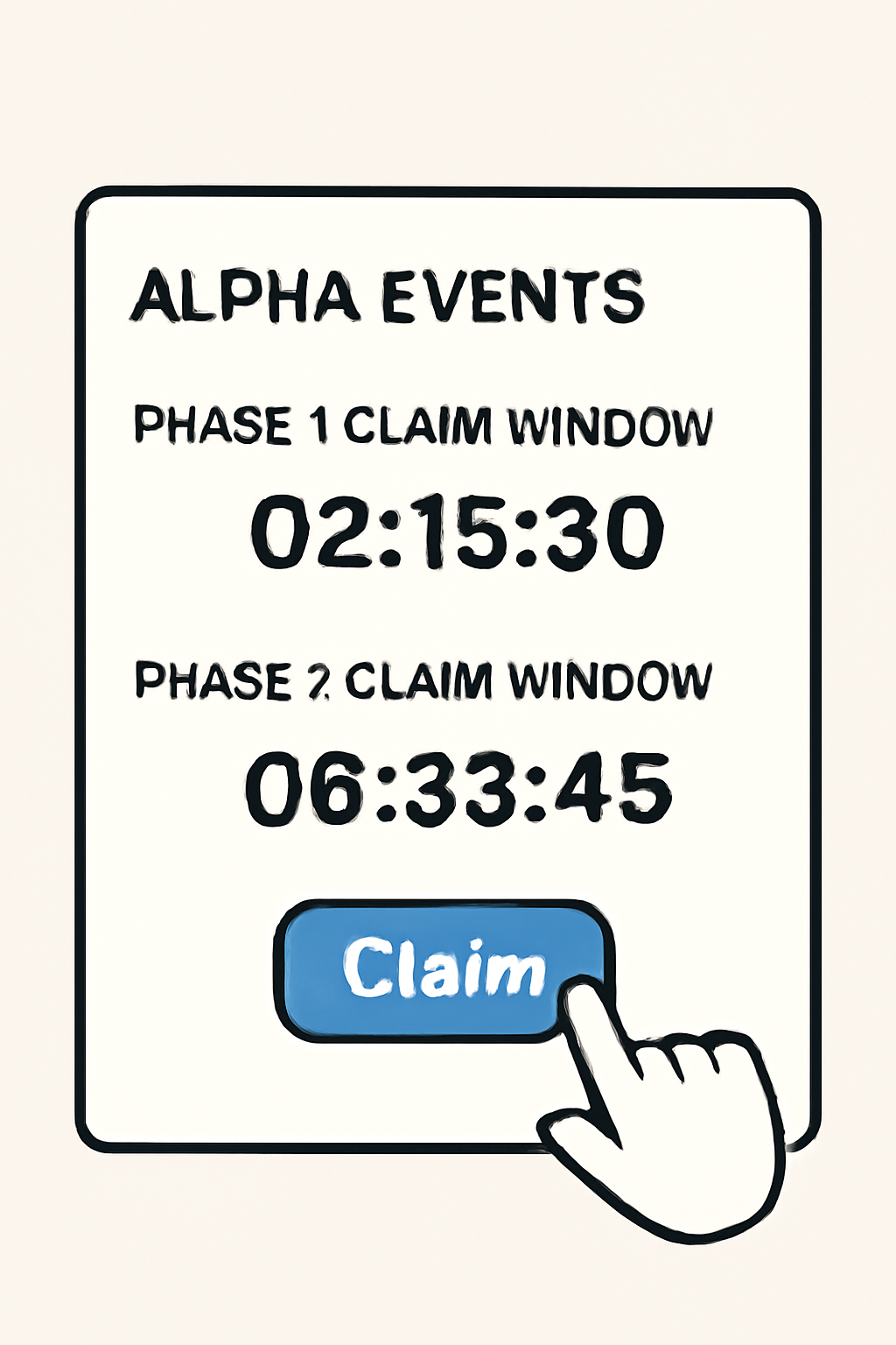 A countdown timer showing the Phase 1 and Phase 2 claim windows, with a user clicking the 'Claim' button on the Alpha Events page.