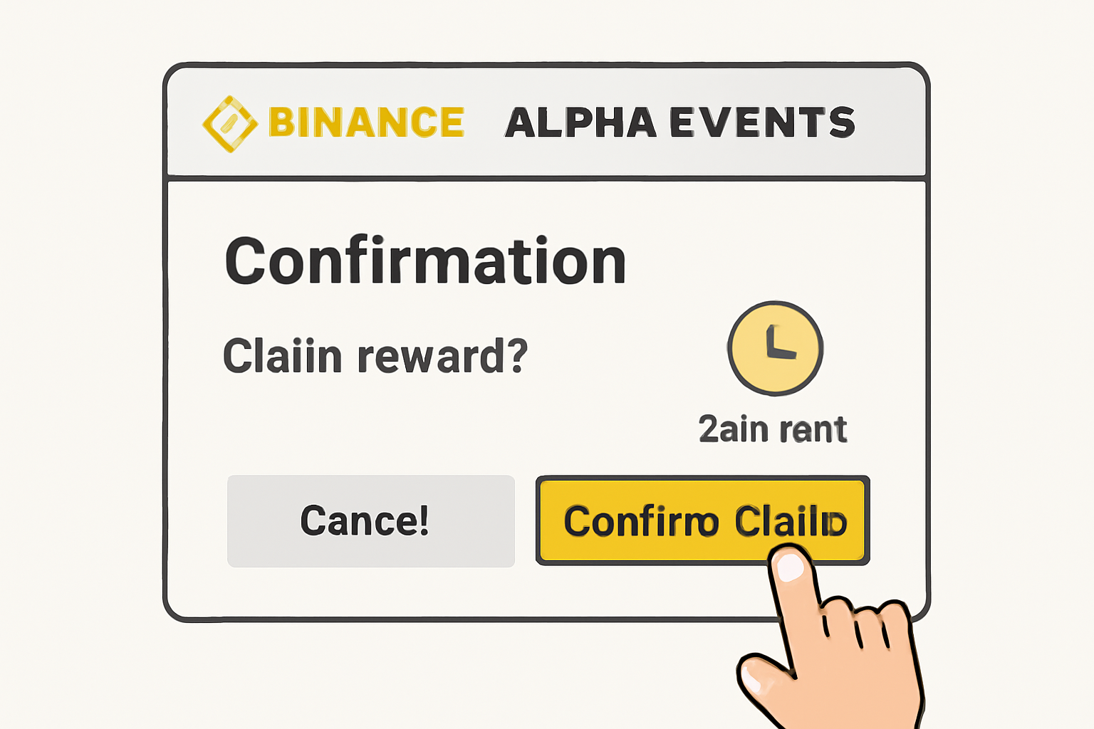 A confirmation pop-up on the Binance Alpha Events page, with a user pressing 'Confirm Claim' and a clock icon indicating the 24-hour limit.