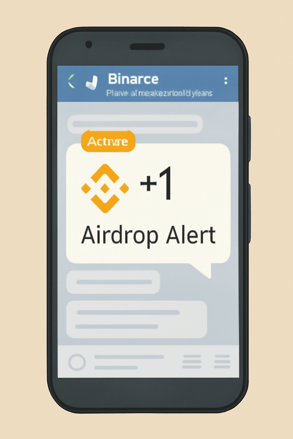 A phone displaying Binance's official announcement channel with a new Alpha airdrop alert notification.