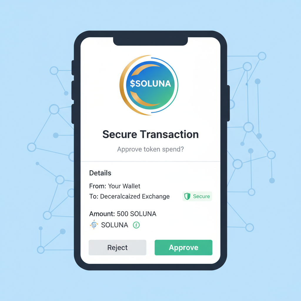 /imagine prompt: Solana wallet approval popup for token spend, $SOLUNA logo, secure transaction screen --ar 16:9