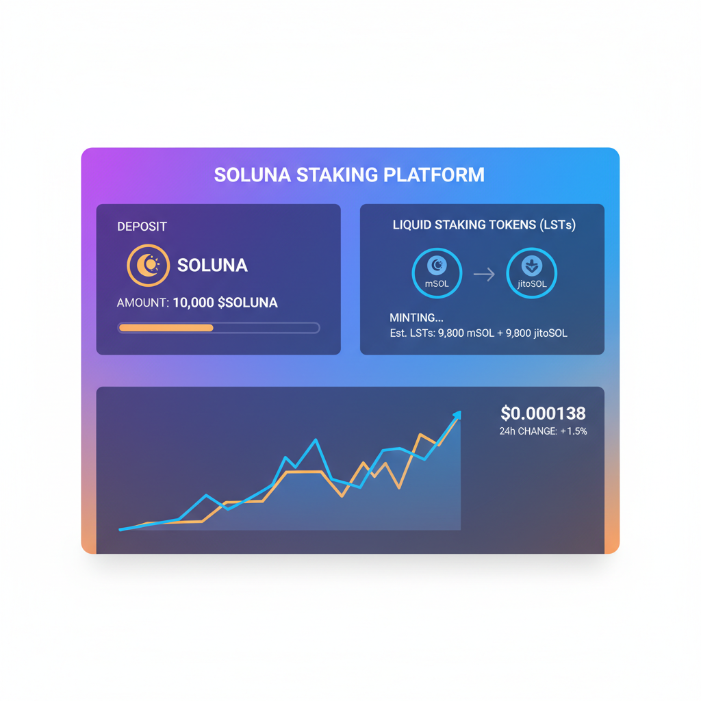 /imagine prompt: staking interface showing $SOLUNA deposit, LSTs minting, charts with $0.000138 price, Solana theme --ar 16:9