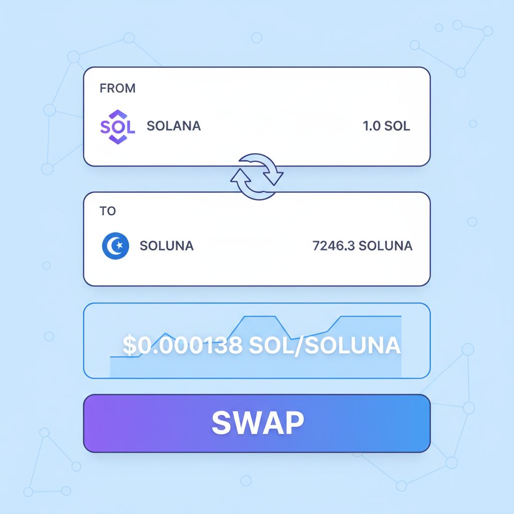 DEX swap interface on Solana, SOL to SOLUNA tokens, price chart showing $0.000138